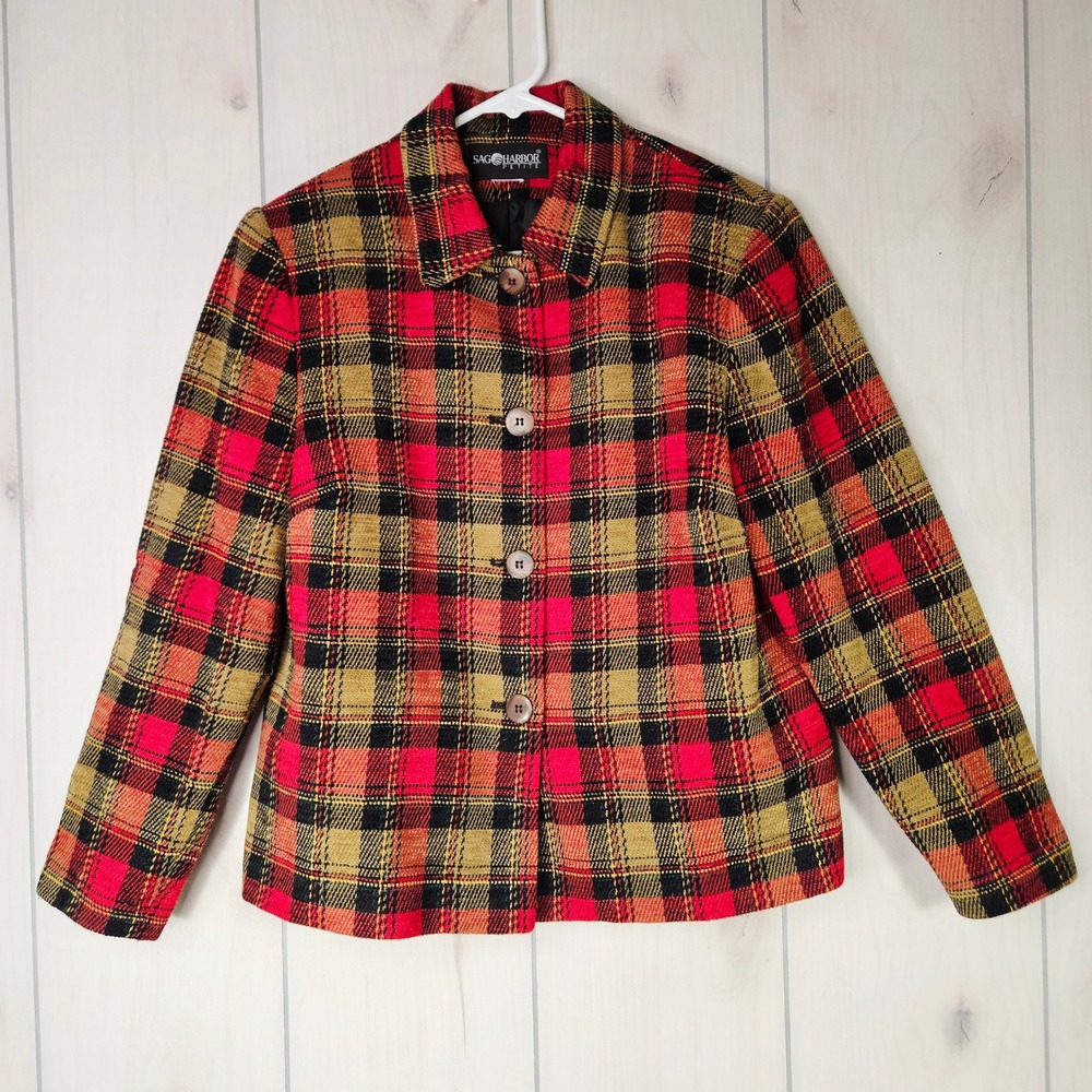 Sag Harbor Petite Womens Red Plaid Tweed Blazer‎ Jacket Red Black L Cabincore